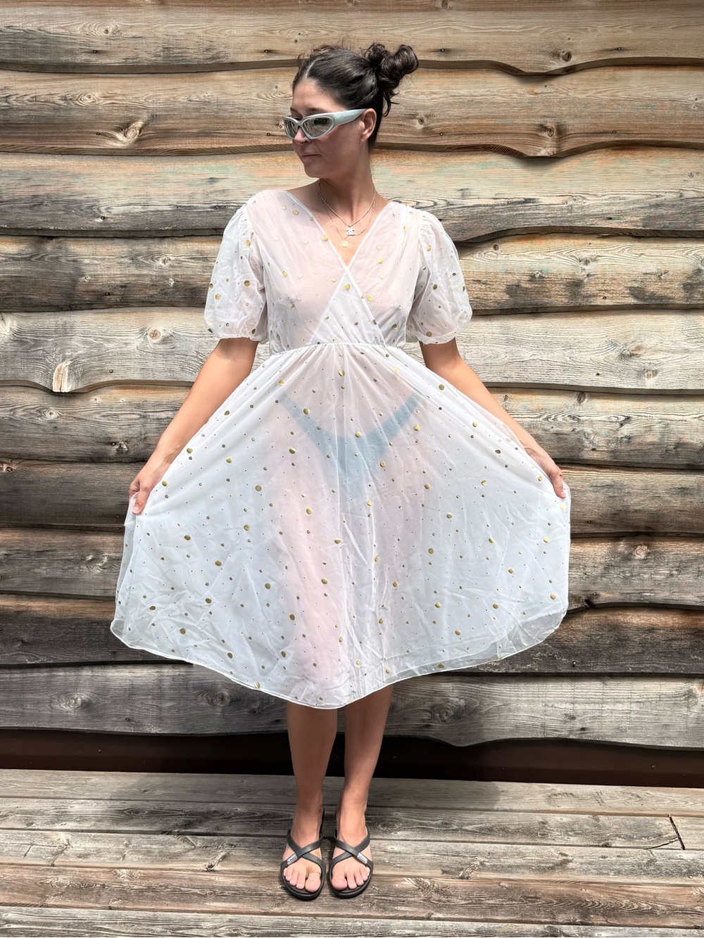 Divine vintage Nightie Slip Dress Sheer White with Gold Polka Dot Negligee